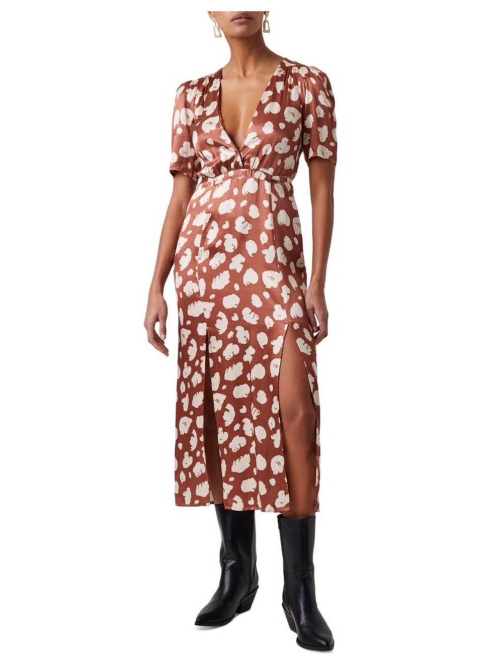 French Connection Brown and White Floral Midi Dress, Size 12